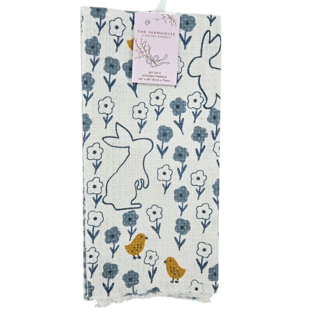 Rachel Ashwell New NEW Kitchen Towels Set of 3 Bunny Floral Blue Farmhouse
